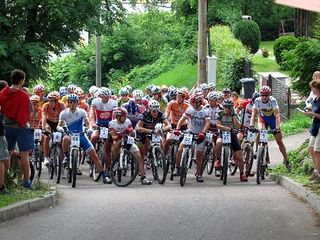 Racers line up for the start of the men's race at the Czech cup.