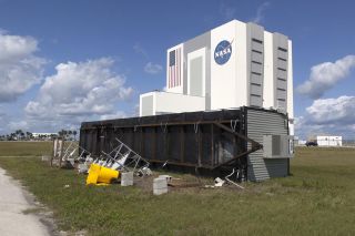 A trailer is seen flipped on its side near NASA's massive Vehicle Assembly Building in this photo of Hurricane Irma damage at the Kennedy Space Center in Florida taken on Sept. 12, 2017 during a damage assessment. The storm passed over the space center on Sept. 10.