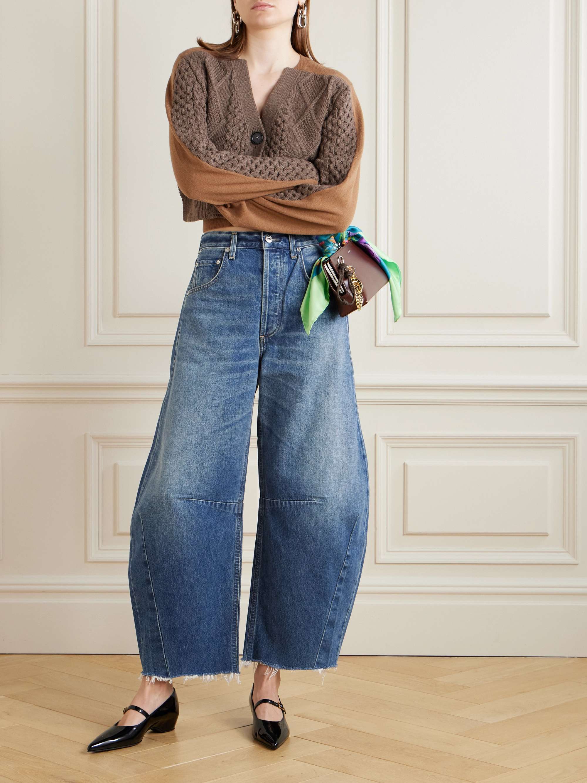 Horseshoe Frayed High-Rise Barrel-Leg Jeans