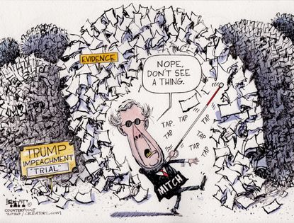 Political Cartoon U.S. Mitch McConnell mountains of evidence