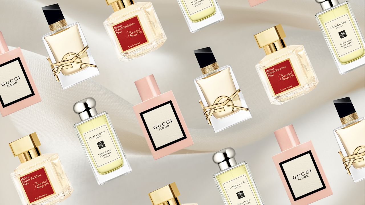Collage of four of the best long-lasting perfumes for women from (left to right) Maison Francis Kurkdjian, Jo Malone London, Gucci and YSL, set at an angle and repeated against a silk effect background