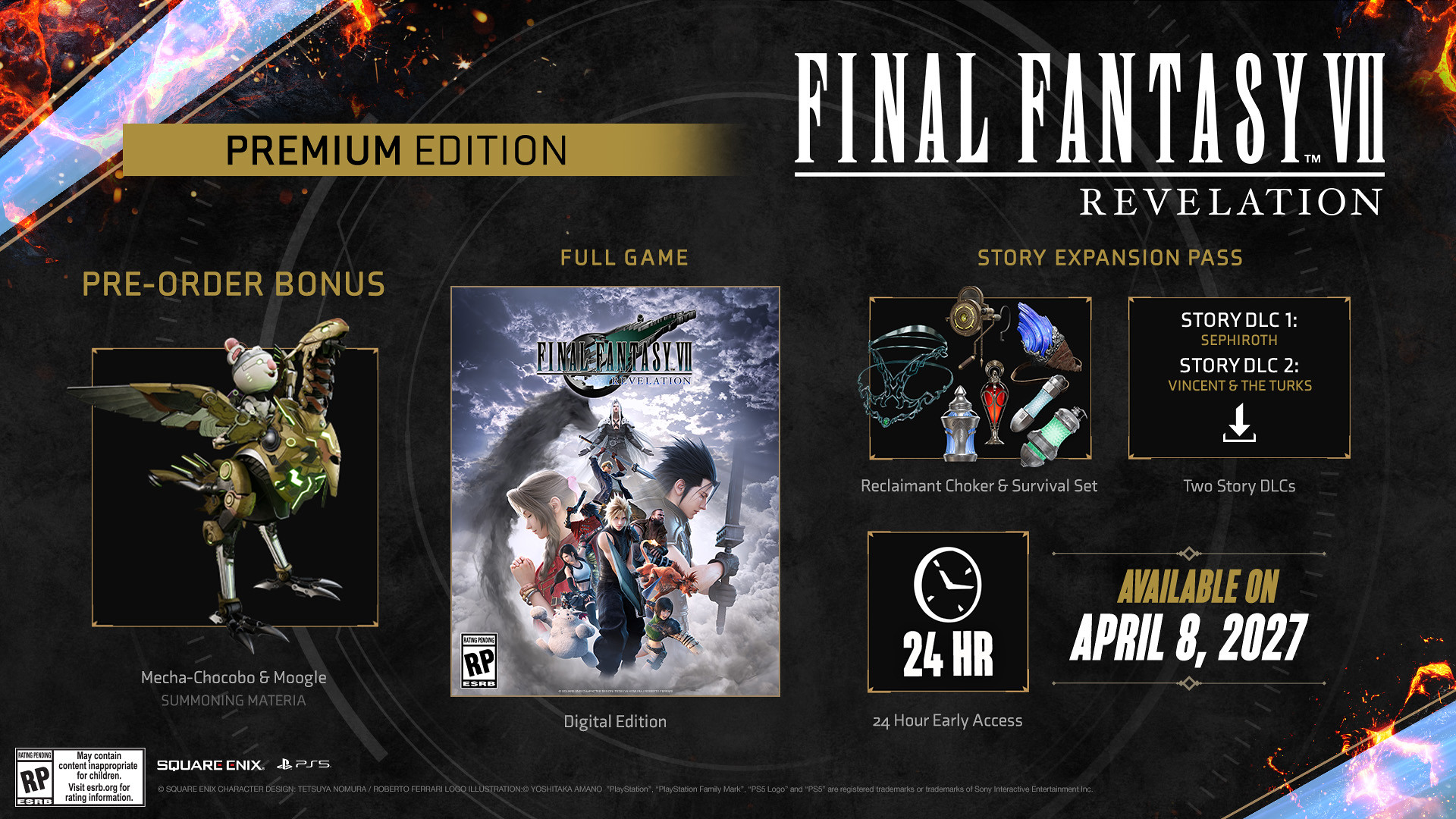 Final Fantasy 7 pre-order promo art showing information for the Premium edition which grants 24 hours of Early Access and digital bonuses