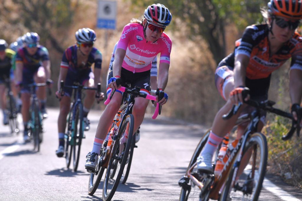 MOTTAMONTECORVINO ITALY SEPTEMBER 19 Anna Van Der Breggen of The Netherlands and Boels Dolmans Cycling Team Pink Leader Jersey during the 31st Giro dItalia Internazionale Femminile 2020 Stage 9 a 1099km stage from Motta Montecorvino to Motta Montecorvino 645m GiroRosaIccrea GiroRosa on September 19 2020 in Motta Montecorvino Italy Photo by Luc ClaessenGetty Images