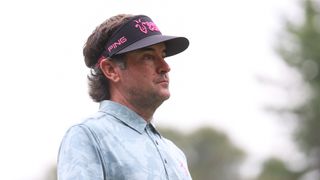 Bubba Watson of the United States looks on after hitting his tee at the seventh hole during day one of LIV Golf: Greenbrier at The Old White Course on August 16, 2024 in White Sulphur Springs, West Virginia.