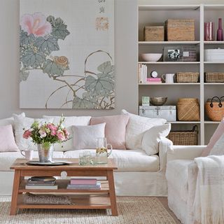 White and grey living room ideas with painted shelves