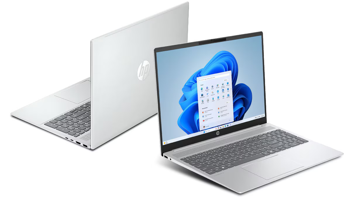 Two views of a silver HP laptop: one angled to show the keyboard and screen displaying Windows 11, and the other showing the closed lid with the HP logo.