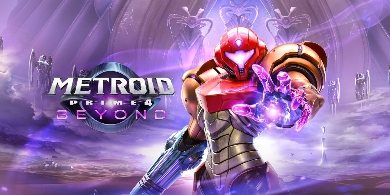 Metroid Prime 4 cover art with Samus with her hand aimed at the screen against a purple background and the Metroid Prime 4 logo to the left of the screen
