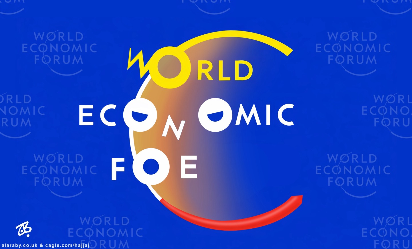This cartoon reimagines the World Economic Forum logo so it now reads "World Economic Foe."
