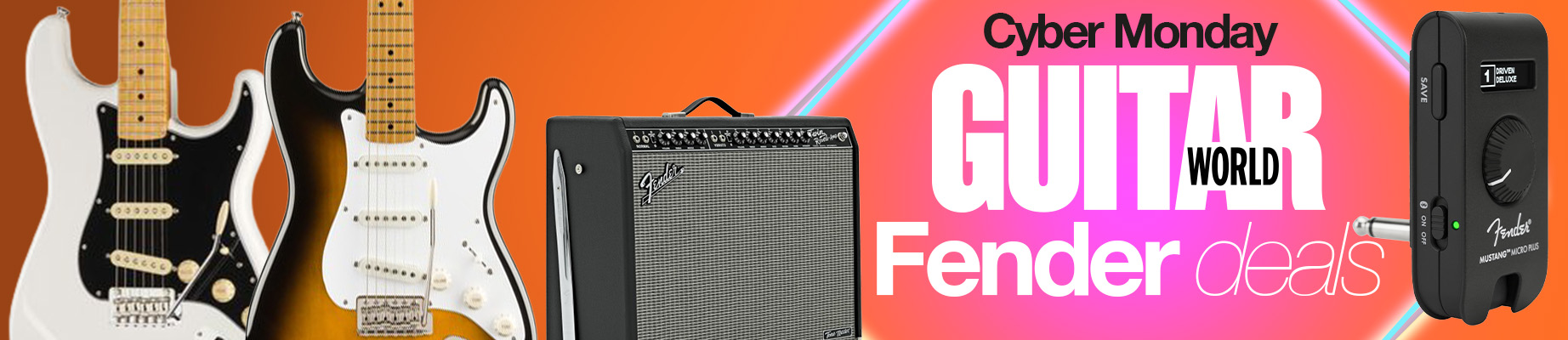 A selection of Fender guitars and gear on an orange background