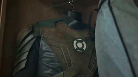 Hal Jordan's brownish Green Lantern uniform hanging in a closet