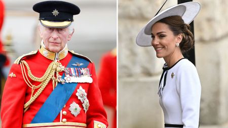 A composite of King Charles wearing his Irish Guards uniform and Catherine, Princess of Wales in a white dress and hat on the day of Trooping the Colour 2024 