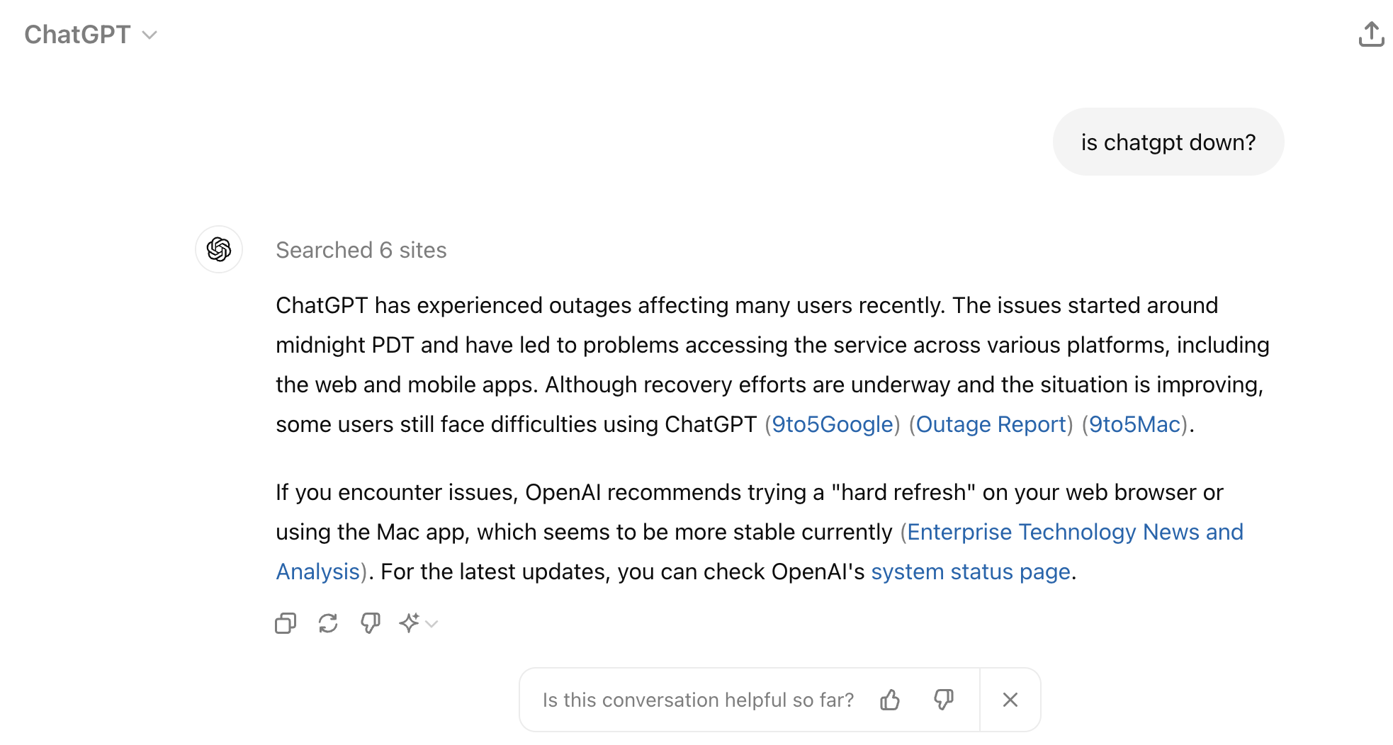 Captura de pantalla que muestra la última respuesta de ChatGPT para ver si el servicio no funciona