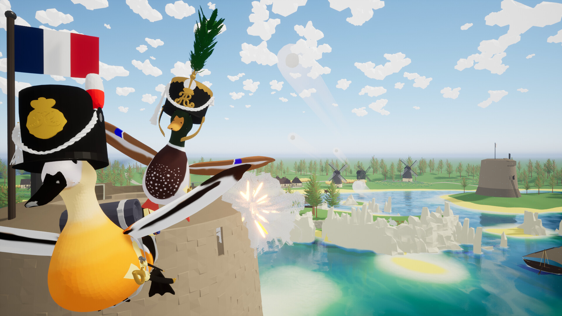 A duck in military garb overlooks a hectic battlefield
