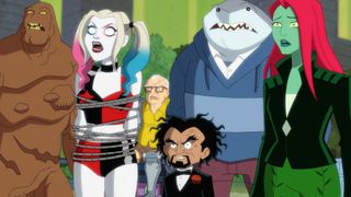 (L to R) Clayface, Harley Quinn, Sy Borgman, Doctor Psycho, King Shark and Poison Ivy in Harley Quinn