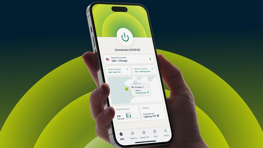 Hand holding mobile with ExpressVPN open at homepage. There is a dark background with green semi-circles 