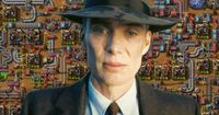 Factorio base screenshot with photo of Oppenheimer actor Cillian Murphy in front