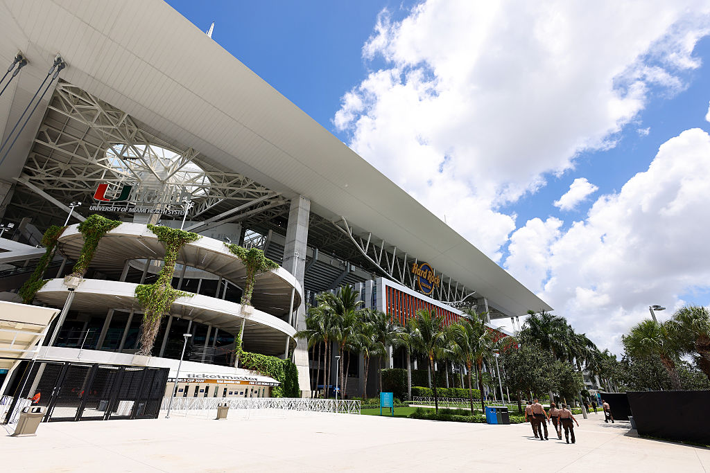 MIAMI GARDENS, FLORIDA - JUNE 18: A general exterior view of Hard Rock Stadium, host venue of the FIFA World Cup 2026 ahead of the FIFA Club World Cup 2025 group H match between Real Madrid CF and Al Hilal at Hard Rock Stadium on June 18, 2025 in Miami Gardens, Florida. (Photo by Robbie Jay Barratt - AMA/Getty Images)