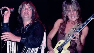 LEFT: British Heavy metal singer Ozzy Osbourne performs, during the 'Blizzard of Ozz Tour,' onstage at Nassau Coliseum, Uniondale, New York, August 14, 1981. It was his debut concert tour as a solo artist after having been fired by the English group Black Sabbath the year prior. RIGHT: American Heavy Metal musician Randy Rhoads (1956-1982) plays guitar as he performs, during the 'Blizzard of Ozz Tour,' at Nassau Coliseum, Uniondale, New York, August 14, 1981. It was Ozzy Osbourne's debut concert tour as a solo artist after having been fired by the English group Black Sabbath the year prior. 