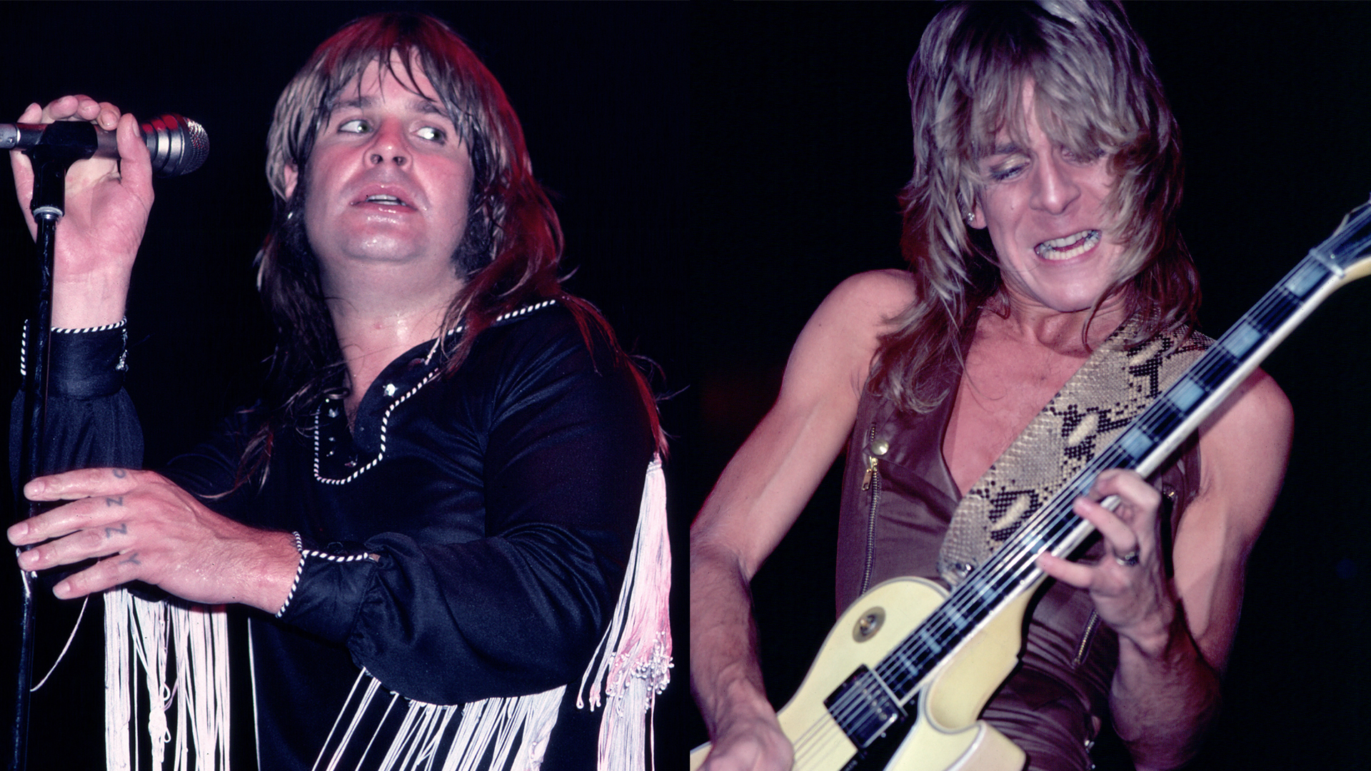 LEFT: British Heavy metal singer Ozzy Osbourne performs, during the &#039;Blizzard of Ozz Tour,&#039; onstage at Nassau Coliseum, Uniondale, New York, August 14, 1981. It was his debut concert tour as a solo artist after having been fired by the English group Black Sabbath the year prior. RIGHT: American Heavy Metal musician Randy Rhoads (1956-1982) plays guitar as he performs, during the &#039;Blizzard of Ozz Tour,&#039; at Nassau Coliseum, Uniondale, New York, August 14, 1981. It was Ozzy Osbourne&#039;s debut concert tour as a solo artist after having been fired by the English group Black Sabbath the year prior. 