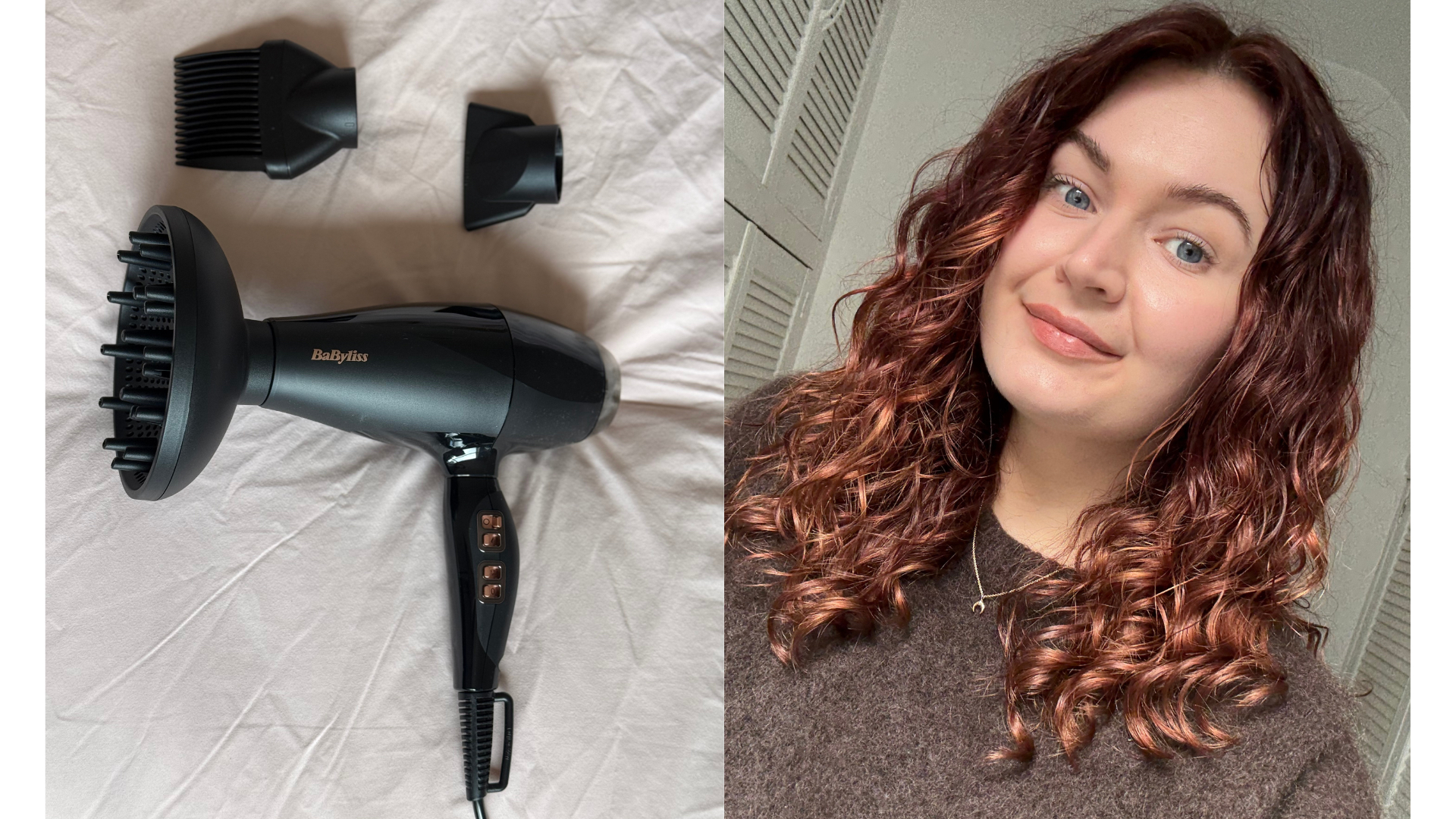 The BaByliss 2300 Dryer and its attachments (left) and Lucy&#039;s hari after using the dryer (right)