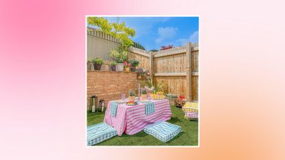 Colorful outdoor tablescape on pastel background
