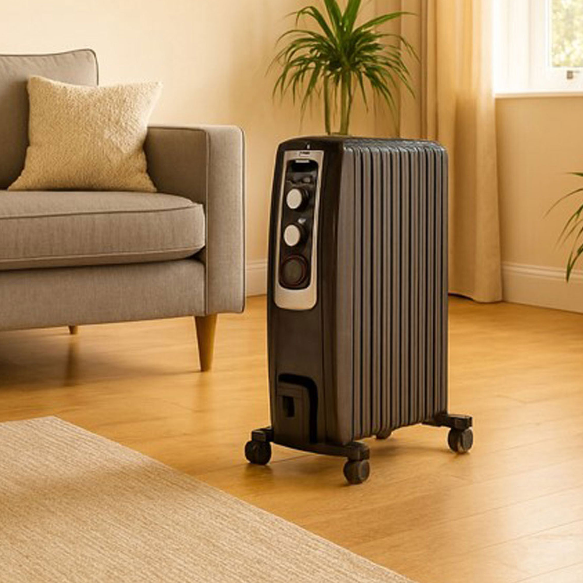 black oil-filled radiator in living room with wooden flooring