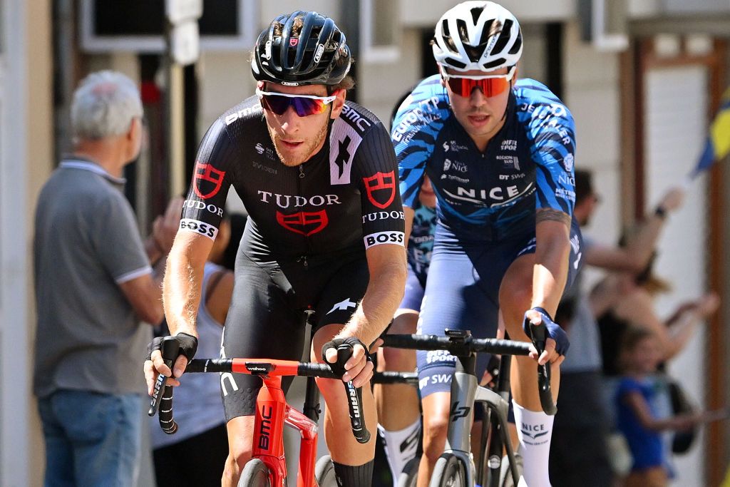LAPLAINETONIQUE FRANCE JULY 31 LR Alos Charrin of France and Tudor Pro Cycling Team and Julian Lino of France and Team Nice Mtropole Cte dAzur compete in the breakaway during the 35th Tour de lAin 2023 Stage 1 a 154km stage from Loyettes to La Plaine Tonique on July 31 2023 in La Plaine Tonique France Photo by Luc ClaessenGetty Images