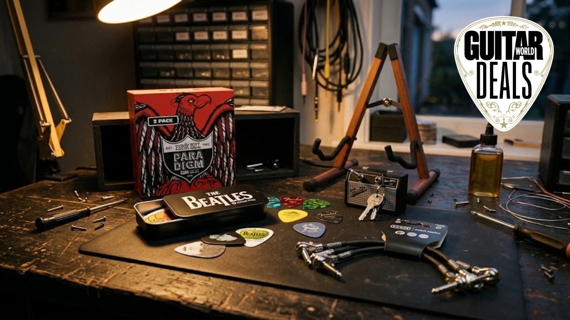 A selection of guitar accessories on a workbench