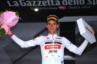 JESI ITALY MAY 17 Juan Pedro Lpez of Spain and Team Trek Segafredo celebrates winning the white best young jersey on the podium ceremony after the 105th Giro dItalia 2022 Stage 10 a 196km stage from Pescara to Jesi 95m Giro WorldTour on May 17 2022 in Jesi Italy Photo by Tim de WaeleGetty Images