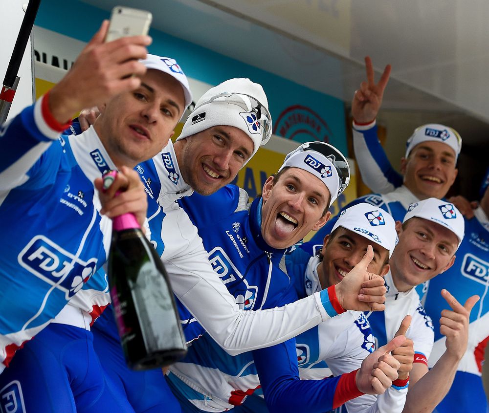FDJ riders take a selfie photo on the podium after winning the Team Time Trial on day one of the tour of 'La Mediterraneenne'