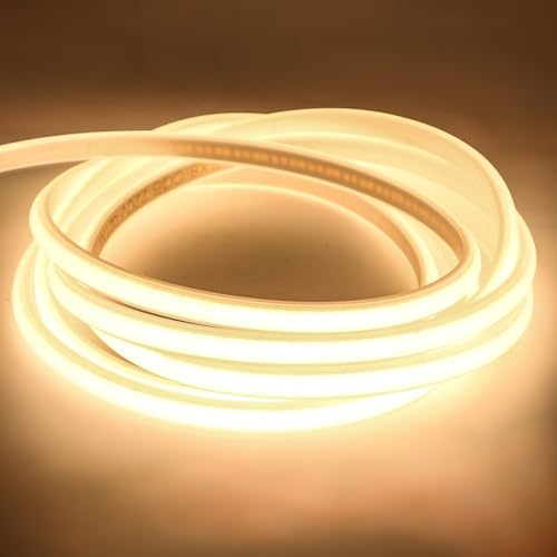 Pcningled Cob Led Strip Light Ip67 Waterproof 10m(32.8ft) 220v Ac Power 320 Leds/m Cutting for Bathroom Cupboard Kitchen Courtyard Swimming Pool Pergola (warm White, 10m)