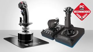 Two of the best PC joysticks, the Thrustmaster Warthog flight stick alongside a Logitech G X56 HOTAS, on a two-tone grey background