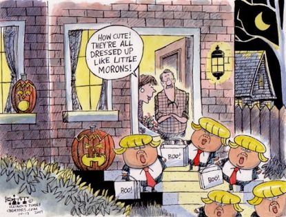 Political cartoon U.S. Trump trick or treat moron