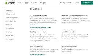Shopify's webpage detailing its ecommerce features