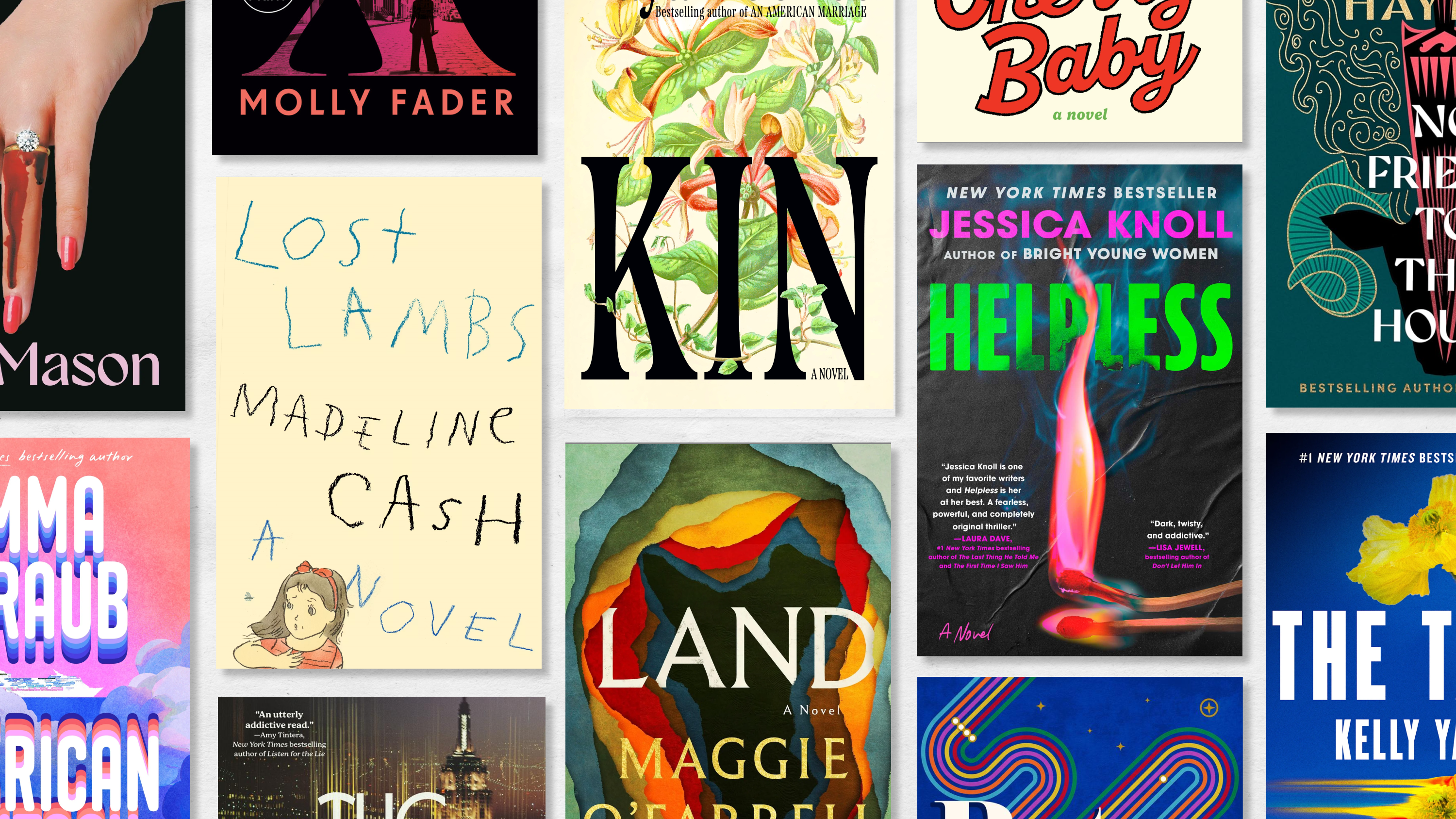a collage of the best novels of 2026 including helpless land lost lambs kin and more