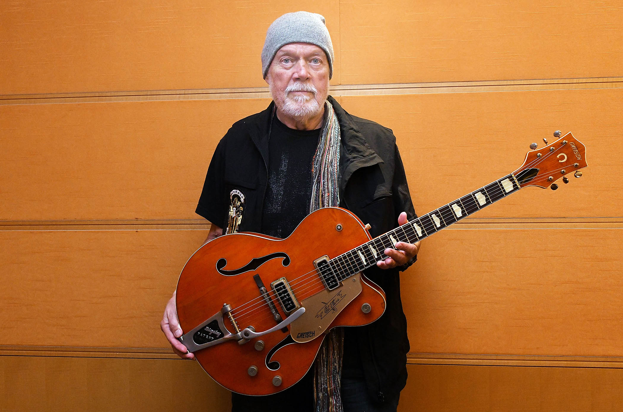 Randy Bachman in Tokyo in 2022 with his recovered 1957 Gretsch 6120