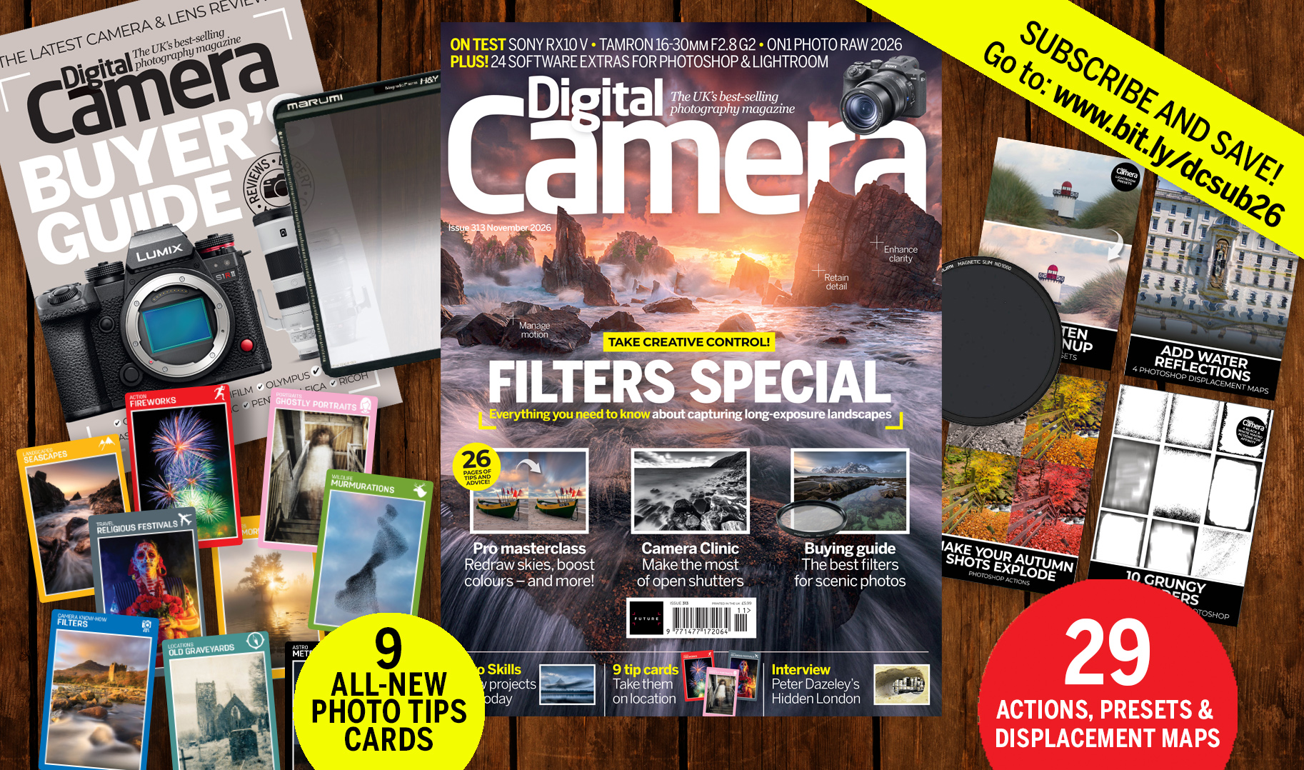 Front cover of issue 313 (November 2026) of Digital Camera magazine and images showing the included bonus gifts &amp;ndash; 9 photo tips cards, 5 image editing tutorial videos, 29 software extras and an e-book