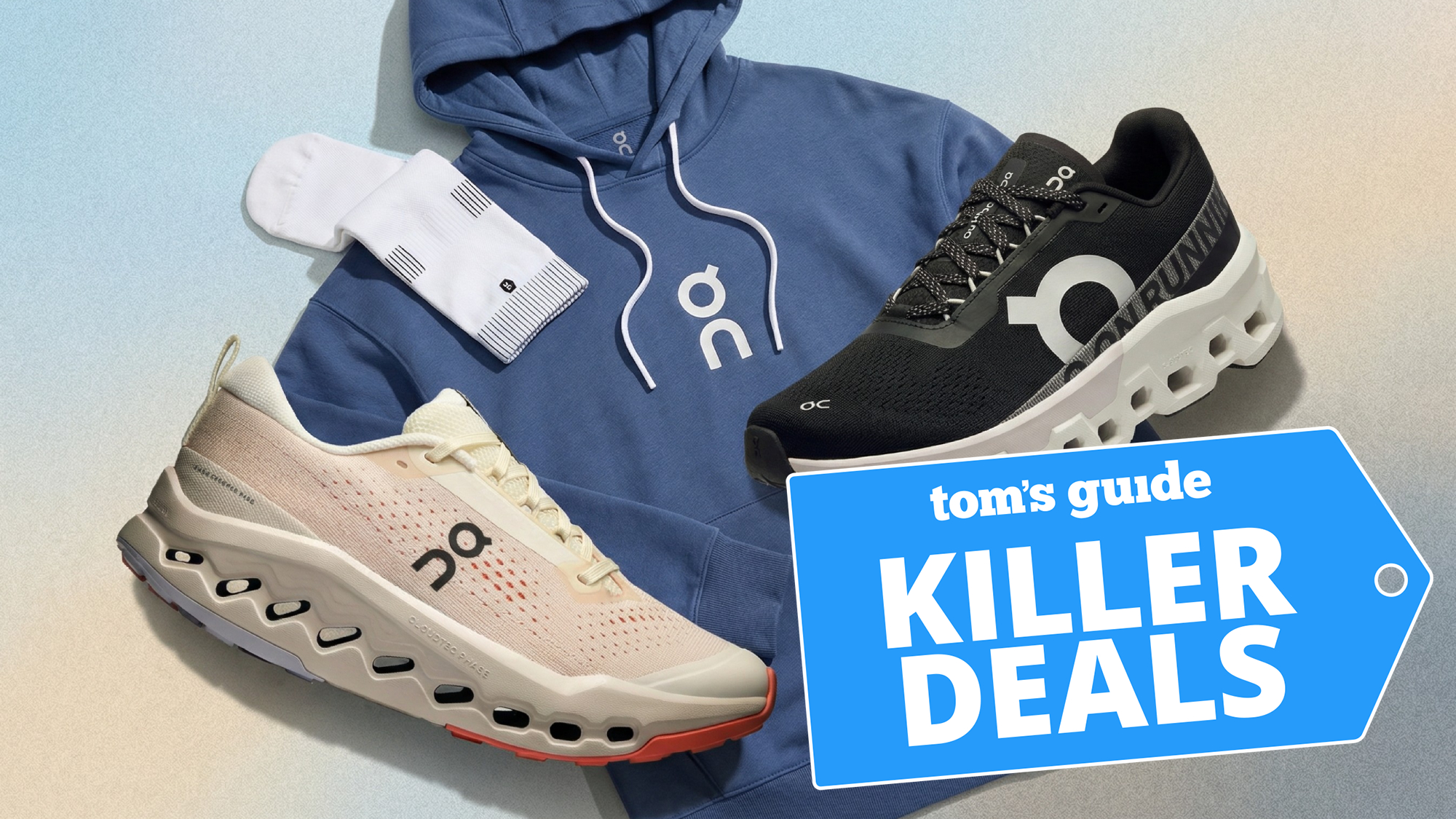 On sneaker and hoodie with a pair of socks