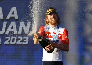SAN JUAN, ARGENTINA - JANUARY 24: Quinn Simmons of The United States and Team Trek - Segafredo celebrates at podium as stage winner during the 39th Vuelta a San Juan International 2023 - Stage 3 a 170,9km stage from Circuito San Juan Villicum to Circuito San Juan Villicum / #VueltaSJ2023 / on January 24, 2023 in San Juan, Argentina. (Photo by Maximiliano Blanco/Getty Images)