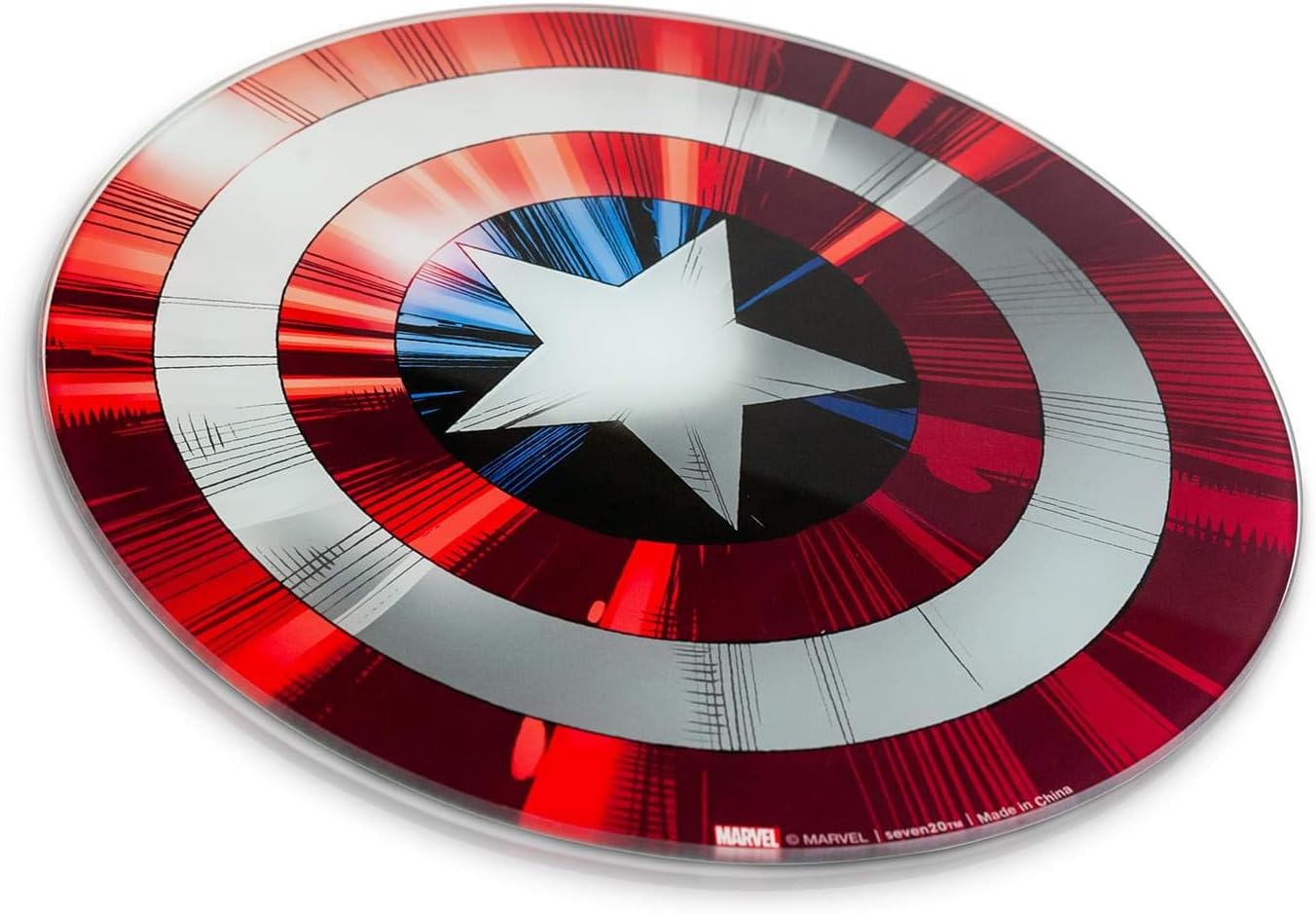 Red, white, and blue Captain America cutting board on a white background