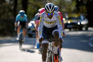 FAYENCE FRANCE FEBRUARY 20 Hailu Biniam Girmay of Eritrea and Team Delko during the 53rd Tour Des Alpes Maritimes Et Du Var Stage 2 a 1689km stage from Fayence to Fayence 357m Breakaway letour0683 on February 20 2021 in Fayence France Photo by Luc ClaessenGetty Images