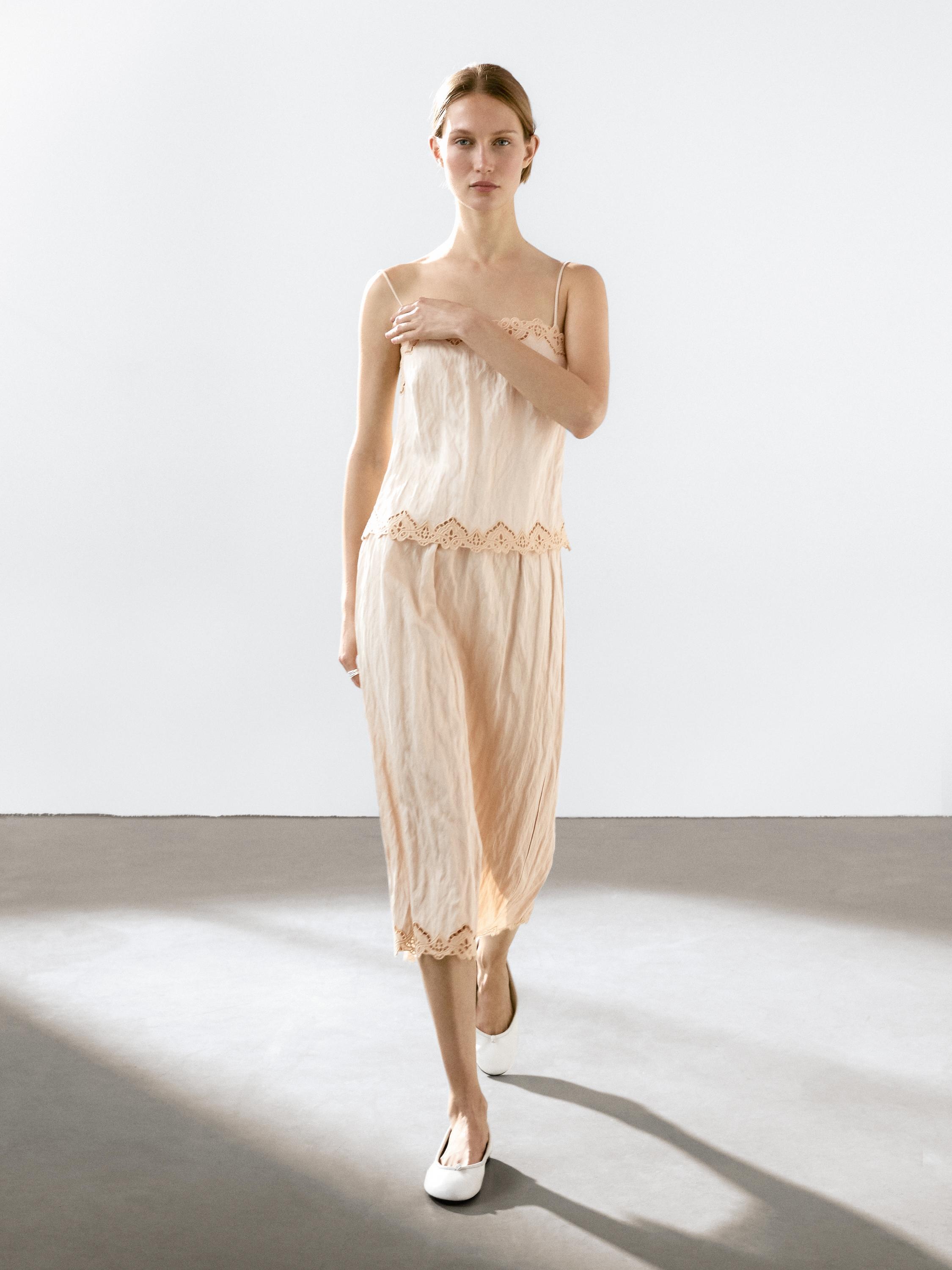 Massimo Dutti, Flowing Midi Skirt With Blonde Lace Detail