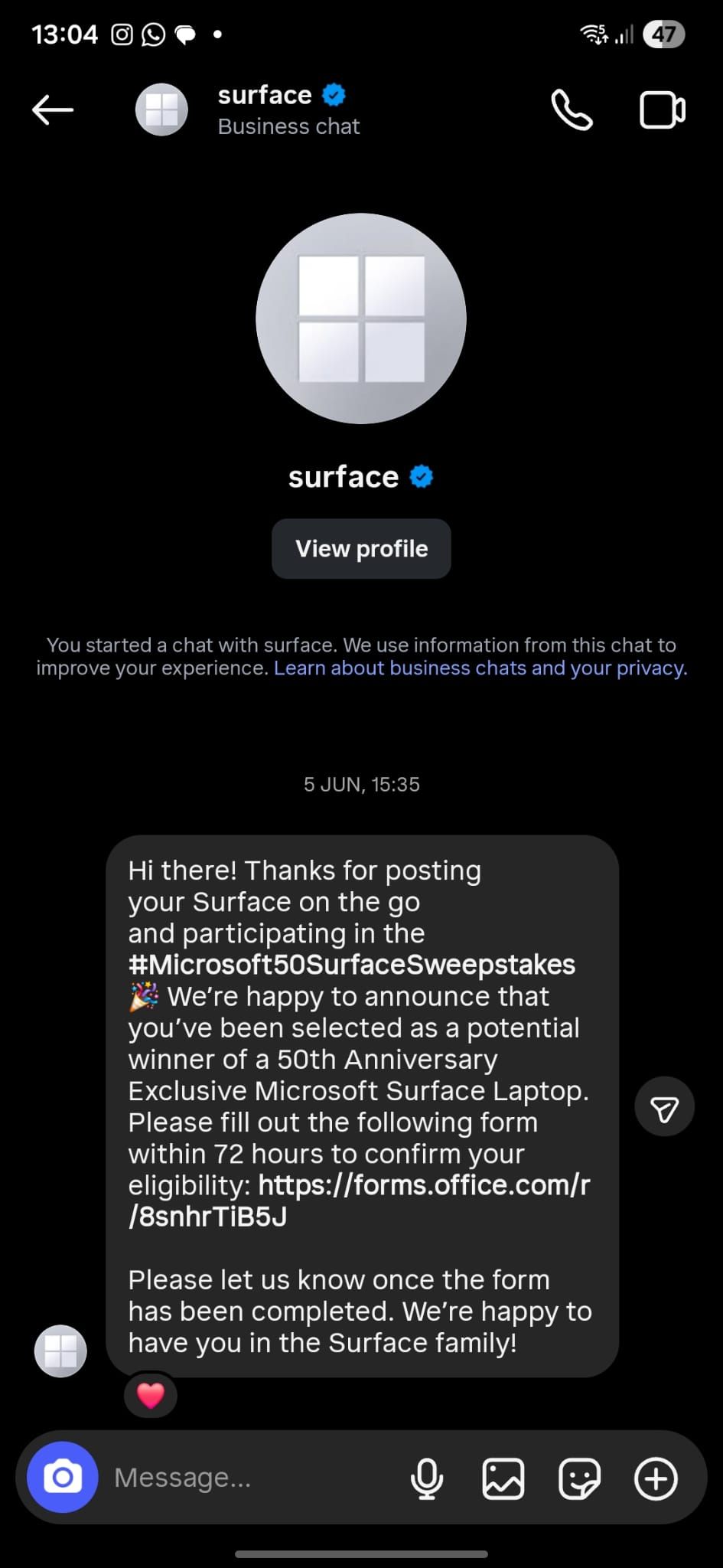 Message from Surface brand on Instagram confirming prize of 50th Anniversary Surface Laptop