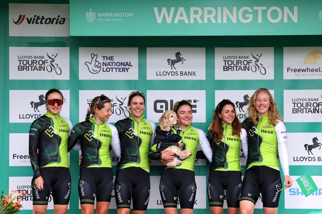 WARRINGTON ENGLAND JUNE 08 Sara Casasola of Italy Nicole Frain of Australia Rotem Gafinovitz of Israel Grace Lister of The United Kingdom Alice Mcwilliam of The United Kingdom Marjolein Van T Geloof of The Netherlands and Hess Cycling Team prior to the 9th Tour of Britain Women 2024 Stage 3 a 1068km stage from Warrington to Warrington UCIWWT on June 08 2024 in Warrington England Photo by Matt McNultyGetty Images