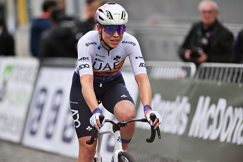 CHIMAY, BELGIUM - OCTOBER 07: Sofie Van Rooijen of Netherlands and UAE Team ADQ crosses the finish line during the 5th Binche Chimay Binche pour Dames 2025 a 121.4km one day race from Chimay to Binche on October 07, 2025 in Chimay, Belgium. (Photo by Luc Claessen/Getty Images)