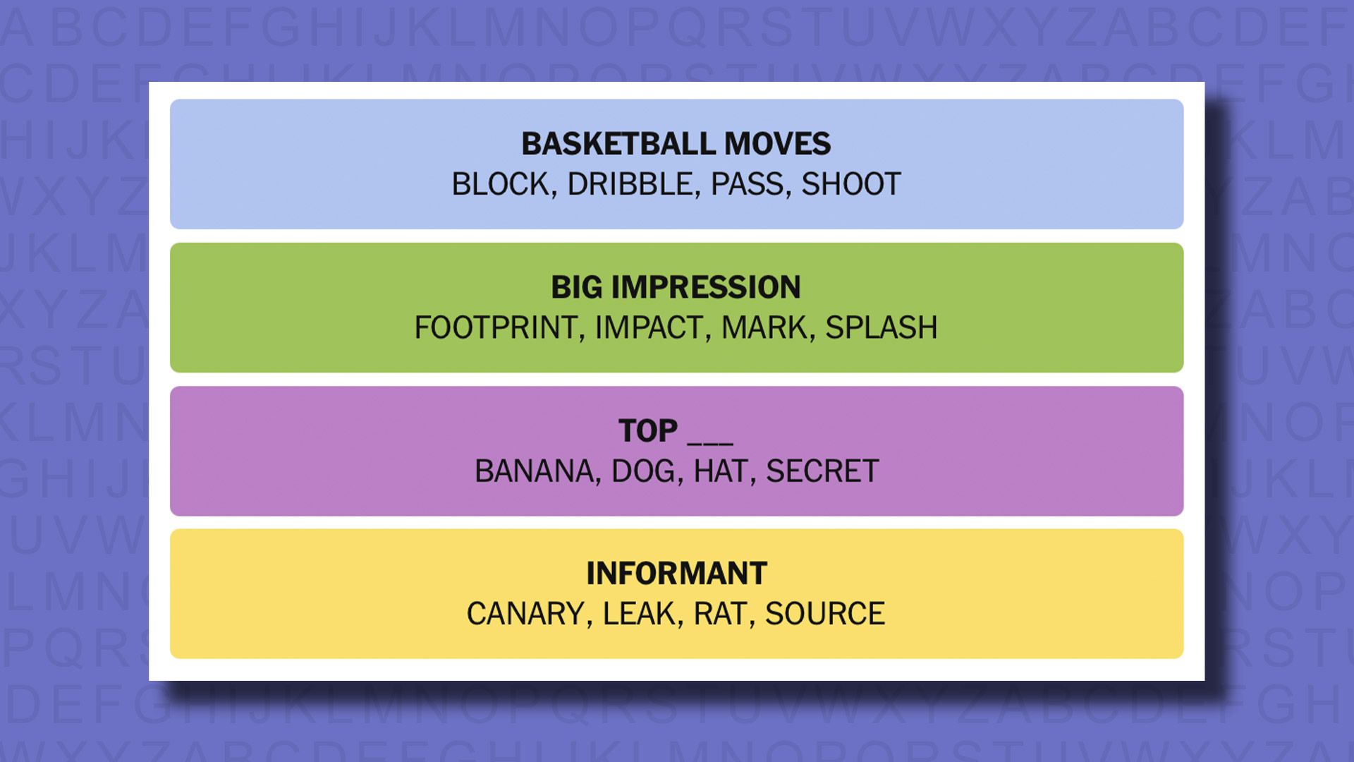 NYT Connections answers for game 757 on a purple background