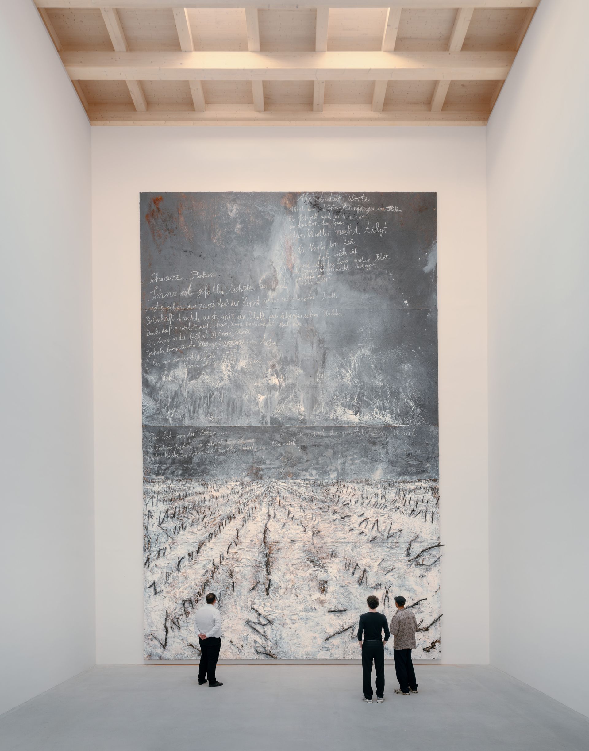 Anselm Kiefer Pavilion exhibition room with Anselm Kiefer, Schwarze Flocken, 2007, Oil, emulsion, shellac, soil, and twigs on canvas