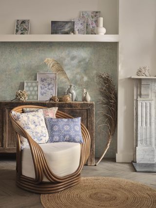 rattan armchair and round jute rug with pampas grass and wooden unit