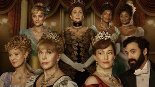 Marian (Louisa Jacobson), Mrs Astor (Donna Murphy), Dorothy (Audra McDonald), Peggy (Denée Benton), Ada (Cynthia Nixon), Agnes (Christine Baranski), Bertha (Carrie Coon) and George (Morgan Spector) sit in a theatre box in lavish clothes in The Gilded Age season 2. 