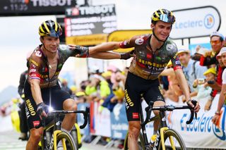 SERRE CHEVALIER FRANCE JULY 13 LR Primoz Roglic of Slovenia and Sepp Kuss of United States and Team Jumbo Visma react celebrating after the 109th Tour de France 2022 Stage 11 a 1517km stage from Albertville to Col de Granon Serre Chevalier 2404m TDF2022 WorldTour on July 13 2022 in Col de GranonSerre Chevalier France Photo by Tim de WaeleGetty Images